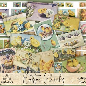 Cartoline digitali da scaricare PULCINI DI PASQUA, pieghevoli per diari di spazzatura stampabili, effimeri pasquali vintage, download pasquali vintage, kit pasquale digitale