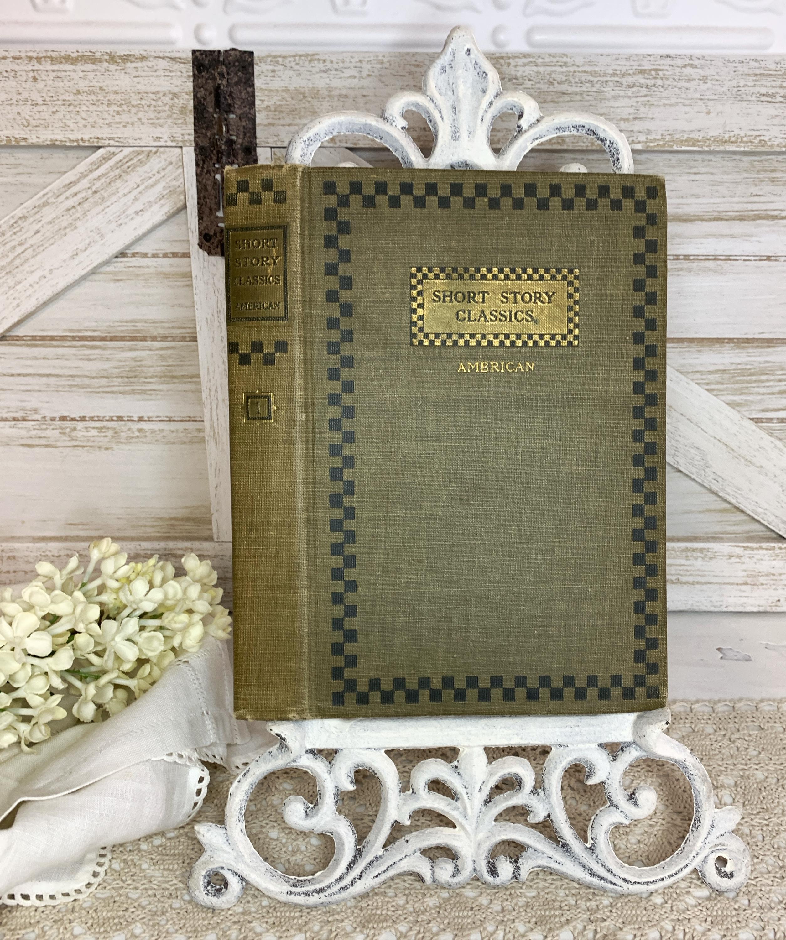 Journal Cover, Short Story Classics American, Antique 1905 Junk Journal Hardback Cover, 5-1/2" x 8-1/4", Black Checkered Trim