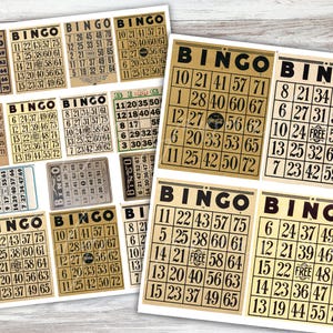 Puede incluir: Un conjunto de 10 tarjetas de bingo de estilo vintage con fondo beige y texto negro. Las tarjetas presentan los n&uacute;meros del 1 al 75 y la palabra "FREE" en el cuadrado central.