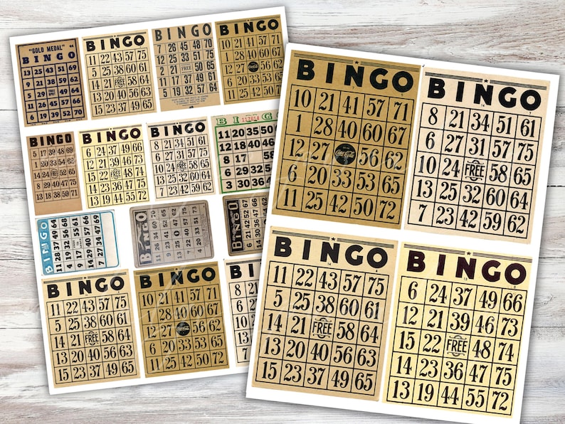 Puede incluir: Un conjunto de 10 tarjetas de bingo de estilo vintage con fondo beige y texto negro. Las tarjetas presentan los n&uacute;meros del 1 al 75 y la palabra "FREE" en el cuadrado central.