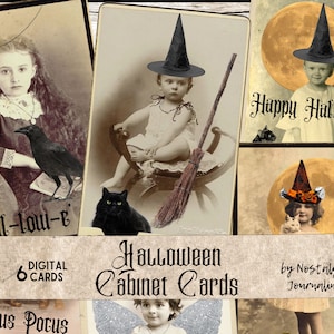 May include: Six vintage-style Halloween digital printable cards featuring children dressed as witches, a black cat, a crow, and a full moon. The cards have the text "Happy Halloween", "Hocus Pocus", "hal-low-e", and "Halloween Cabinet Cards".
