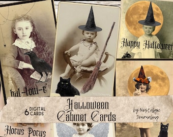 HALLOWEEN CABINET CARDS Digital Instant Download, Altered Antique Photos, Junk Journal Kit, 6 Printable Cabinet Cards, Witches, Spooky Tags
