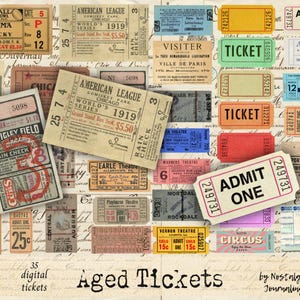 AGED TICKETS Digitaler Download, Vintage Ephemera Junk Journal Tags Etiketten, Journal Tucks, 35 druckbare Tickets Sport Konzerte Raffle Theater