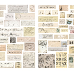 Puede incluir: Una colecci&oacute;n de papeles ef&iacute;meros de estilo vintage con dise&ntilde;os de inspiraci&oacute;n francesa. Los papeles presentan texto en franc&eacute;s e ingl&eacute;s, incluyendo las palabras "Bonjour", "Ville de Paris" y "Maison Jean Elion". Los papeles est&aacute;n decorados con motivos florales, mariposas y p&aacute;jaros.