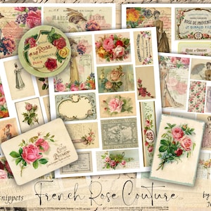 FRENCH ROSE COUTURE-fragmenten digitale download, afdrukbare Victoriaanse tags voor ongewenste tijdschriften, vintage Franse mode, kortstondige kit labels rozen