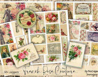FRENCH ROSE COUTURE Snippets Digital Download, Printable Victorian Tags For Junk Journals, Vintage French Fashion, Ephemera Kit Labels Roses