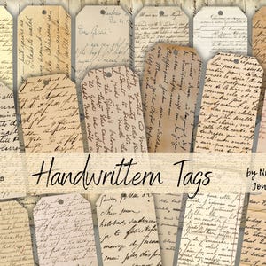 Etiquetas vintage para descargar digitalmente, 24 etiquetas vintage con letras manuscritas, imprimibles, para diarios basura, efímeras antiguas y caligrafía antigua.