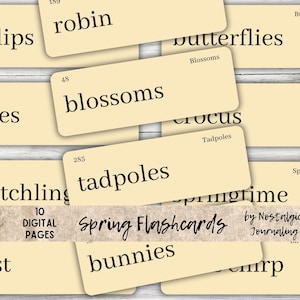 FRÜHLING FLASHCARDS Digital Download, 12 große Vtg inspiriert druckbare Wort Karteikarten Manilla & Ink Saver, Bauernhaus Dekor, Tulpen Robin Bienen