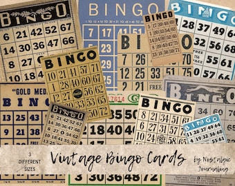 BINGO CARDS Digital Download, 34 Vintage Printable Assorted Bingo Game Cards, 3 Different Sizes, Junk Journal Ephemera Instant Download Kit
