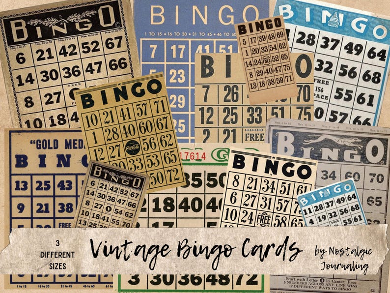 Puede incluir: Una colecci&oacute;n de tarjetas de bingo vintage con diferentes dise&ntilde;os y n&uacute;meros. Las tarjetas est&aacute;n impresas en papel envejecido con un aspecto desgastado. Las tarjetas son perfectas para una noche de juegos o una fiesta.