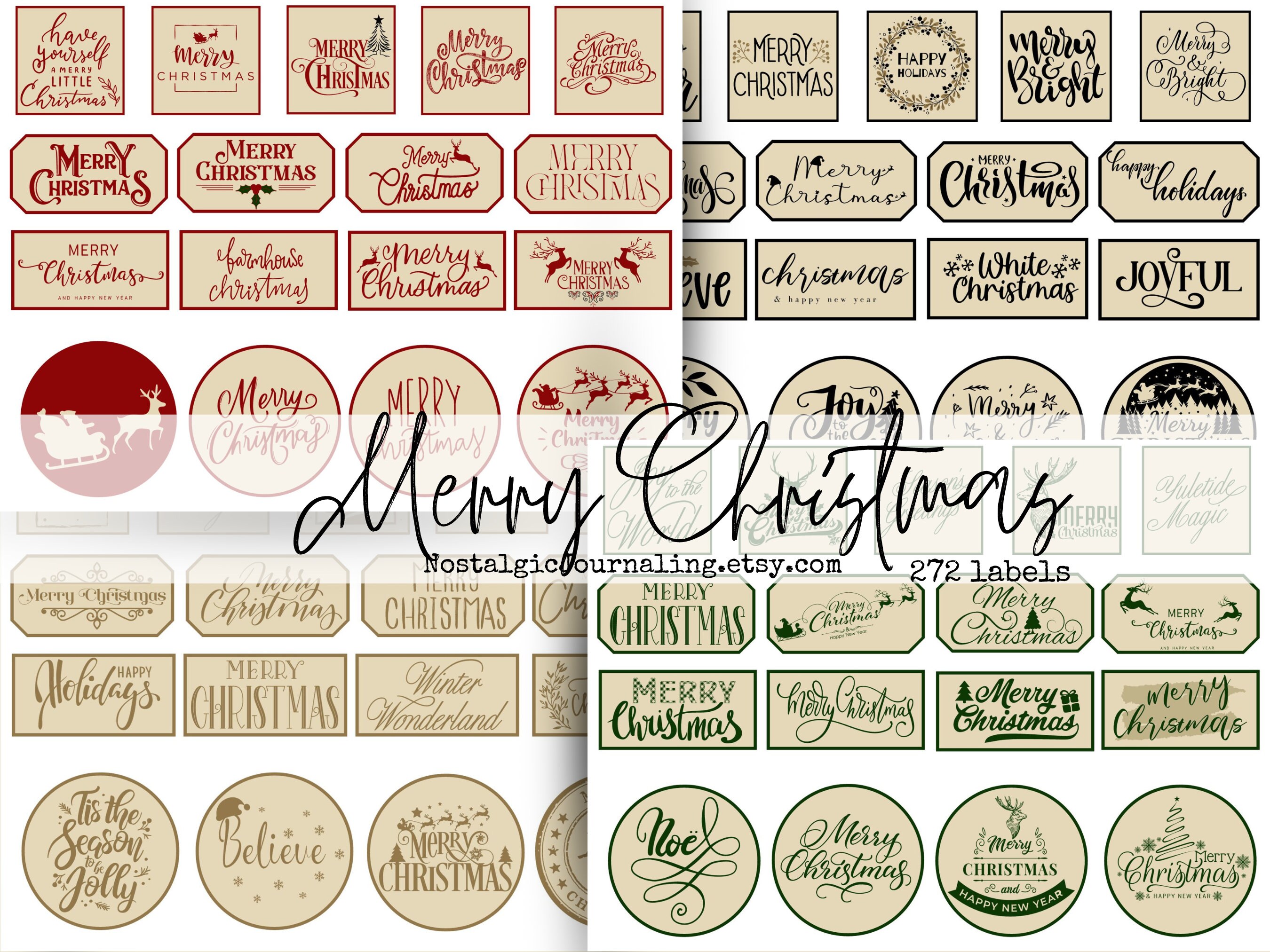 CHRISTMAS LABELS Digital Download, 270+ Small Vintage Style Snippets For Junk Journals, 16 Pages and 4 Colors, Tags, Labels, Embellishments