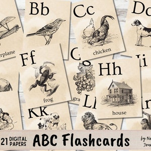 Download digital Vintage ABC FLASHCARDS, 21 páginas de cartões e folhas do alfabeto imprimíveis para registro no diário, gráficos vintage, livro escolar