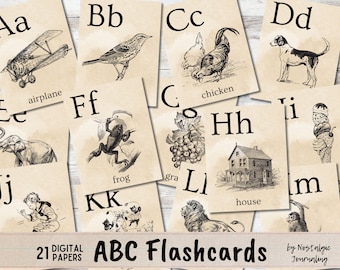 Vintage ABC FLASHCARDS Digital Download, 21 Pages of Printable Alphabet Cards and Sheets For Junk Journaling, Vintage Graphics, School Book