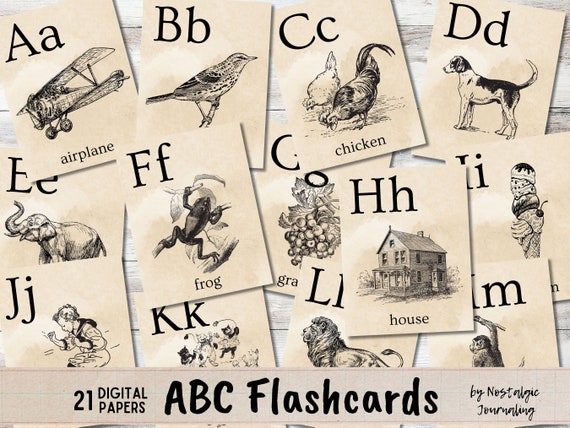 Vintage ABC FLASHCARDS Digital Download, 21 Pages of Printable Alphabet Cards and Sheets For Junk Journaling, Vintage Graphics, School Book
