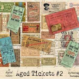 AGED TICKETS Digitaler Download, Ephemera Junk Journal Tags, Etiketten, Journal Tucks, 34 druckbare Tickets, Sport Konzerte Theater Shows Ski