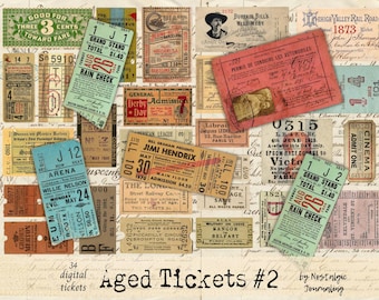 AGED TICKETS Digital Download, Ephemera Junk Journal Tags, Labels, Journal Tucks, 34 Printable Tickets, Sports Concerts Theater Shows Ski
