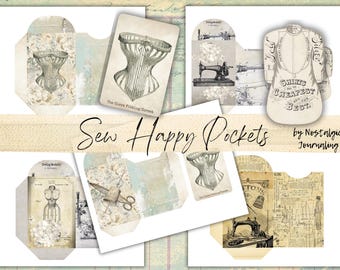 SEW HAPPY Pockets Digital Junk Journal Download, Sew Happy Collage Add On, Vintage Sewing Papers, Digital Tags, Dress Forms, Sewing Machines