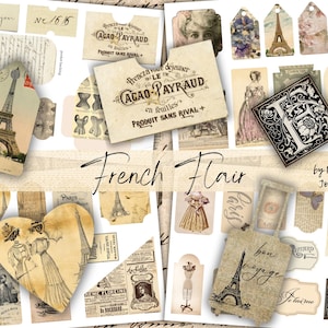 FRENCH FLAIR pochettes et étiquettes, téléchargement de journal numérique éphémère, extraits imprimables vintage, couture de Paris, France, kit numérique de voyage