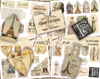 FRENCH FLAIR Pockets & Tags, Digital Ephemera Junk Journal Download, Vintage Printable Snippets, Paris Couture, France, Travel Digital Kit