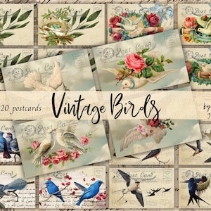 CARTOLINE DI UCCELLI Download digitale, 20 cartoline vintage stampabili per diari di viaggio, uccelli azzurri, colombe rosa francesi, rondini, nidi di uccelli