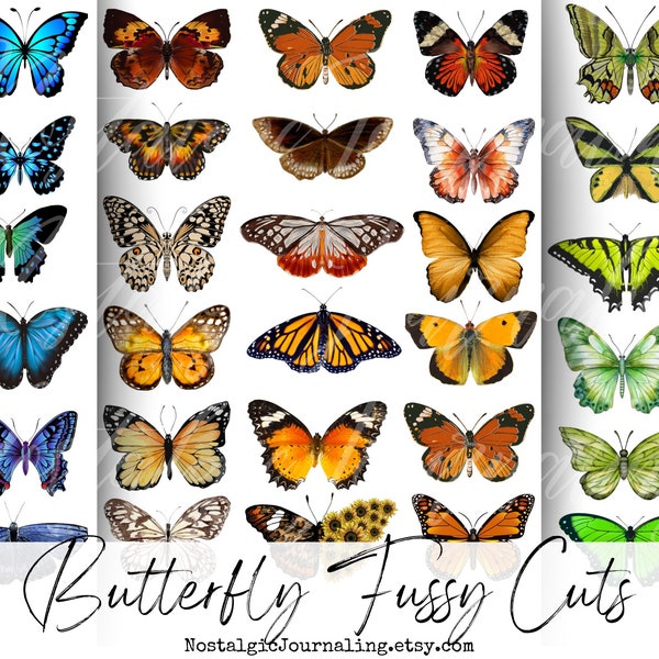 BUTTERFLY Digital Download Kit, Vintage Butterfly Fussy Cuts For Junk Journals, 72 Printable Snippet Butterflies, Blue, Green, Pink, Brown