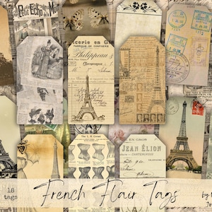 Vintage TAGS Digital Download, FRENCH FLAIR Add On Digital Kit, 18 Printable Vintage Style Tags Tucks for Junk Journals, French Ephemera