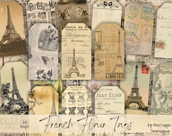 Vintage TAGS Digital Download, FRENCH FLAIR Add On Digital Kit, 18 Printable Vintage Style Tags Tucks for Junk Journals, French Ephemera