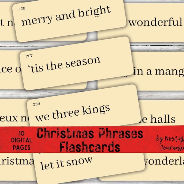 KERSTZINNEN FLASHCARDS Digitale download, 12 grote vintage geïnspireerde woordflashcards Manilla & Ink Saver, boerderij, afdrukbare kerst