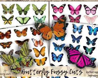 BUTTERFLY Digital Download Kit, Vintage Schmetterling Fussy Schnitte für Junk Journals, 72 druckbare Snippet Schmetterlinge, Blau, Grün, Pink, Braun