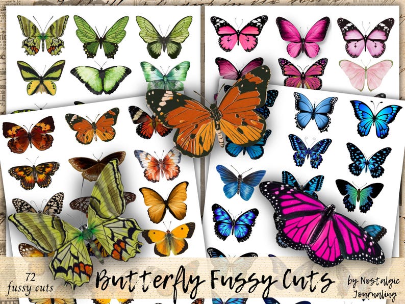 BUTTERFLY Digital Download Kit, Vintage Butterfly Fussy Cuts For Junk Journals, 72 Printable Snippet Butterflies, Blue, Green, Pink, Brown image 1