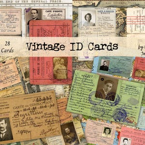 Vintage ID-KAARTEN Digitale download, Ephemera Junk Journal Tags, etiketten, dagboeknotities, 28 identificatiekaarten met afdrukbare foto, buitenland en VS