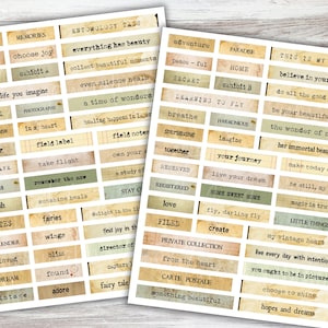 May include: A set of vintage-style printable labels with inspirational quotes and phrases. The labels are in various shades of brown, beige, and green with black text. Some of the phrases include "remember", "beauty", "choose joy", "everything has beauty", "adventure", "paradise", "believe in your dreams", "do all the good you can", "be your beautiful self", "the wonder of nature", "her immortal beauty", "make today count", "be still, my soul", "magic is truth", "little things", "my vintage heart", "live every day with intention", "you ought to be in pictures", "choose to shine", "hopes and dreams".