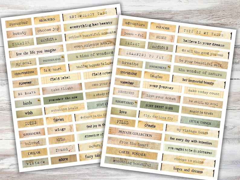 May include: A set of vintage-style printable labels with inspirational quotes and phrases. The labels are in various shades of brown, beige, and green with black text. Some of the phrases include "remember", "beauty", "choose joy", "everything has beauty", "adventure", "paradise", "believe in your dreams", "do all the good you can", "be your beautiful self", "the wonder of nature", "her immortal beauty", "make today count", "be still, my soul", "magic is truth", "little things", "my vintage heart", "live every day with intention", "you ought to be in pictures", "choose to shine", "hopes and dreams".