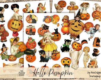 Könnte beinhalten: Eine Sammlung von 44 Halloween-Papierauschnitten im Vintage-Stil. Die Bilder zeigen lächelnde Kürbislaternen, Kinder in Kostümen, schwarze Katzen und den Text "Hello Pumpkin". Die Ausschnitte sind in verschiedenen Größen und Formen.