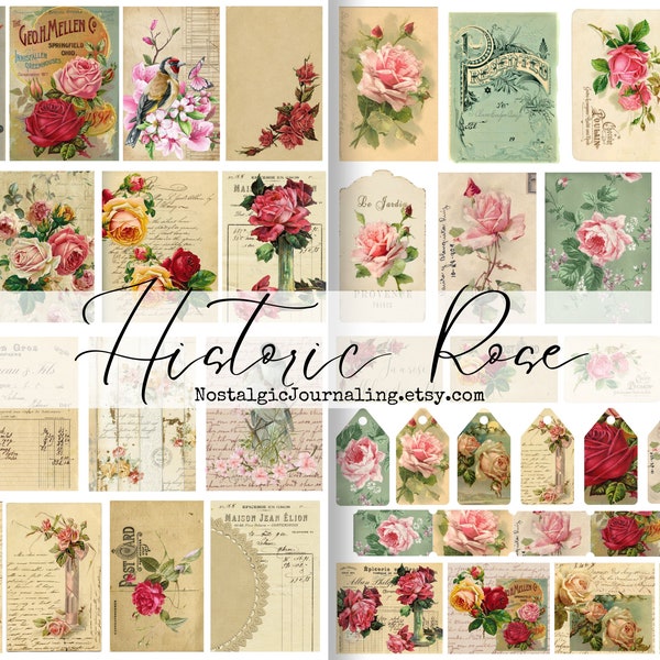 HISTORIC ROSE Digital Tags Download, Printable Snippets Kit For Junk Journals, French Rose Ephemera Tags, Labels, Journal Tucks, Old Roses