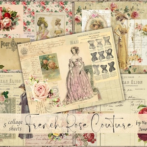 Coleção de papéis digitais para download da FRENCH ROSE COUTURE, Moda francesa vintage, Kit de itens vitorianos para impressão para diários antigos, Flores