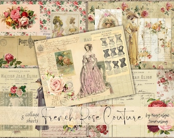 FRENCH ROSE COUTURE Digital Download Paper Collection, Vintage French Fashion, Printable Victorian Ephemera Kit For Junk Journals, Flowers