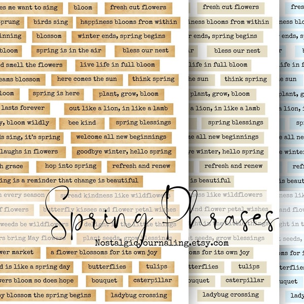 SPRING PHRASES Digital Words, Printable Junk Journaling Words, Collage Ephemera, 150+ Junk Journal Word Labels, Embellishments For Layering