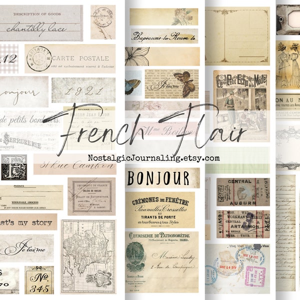 FRENCH FLAIR Digital Ephemera Junk Journal Download Paper Collection, Vintage French Ephemera Snippets, Printable French Digital Kit, Tags