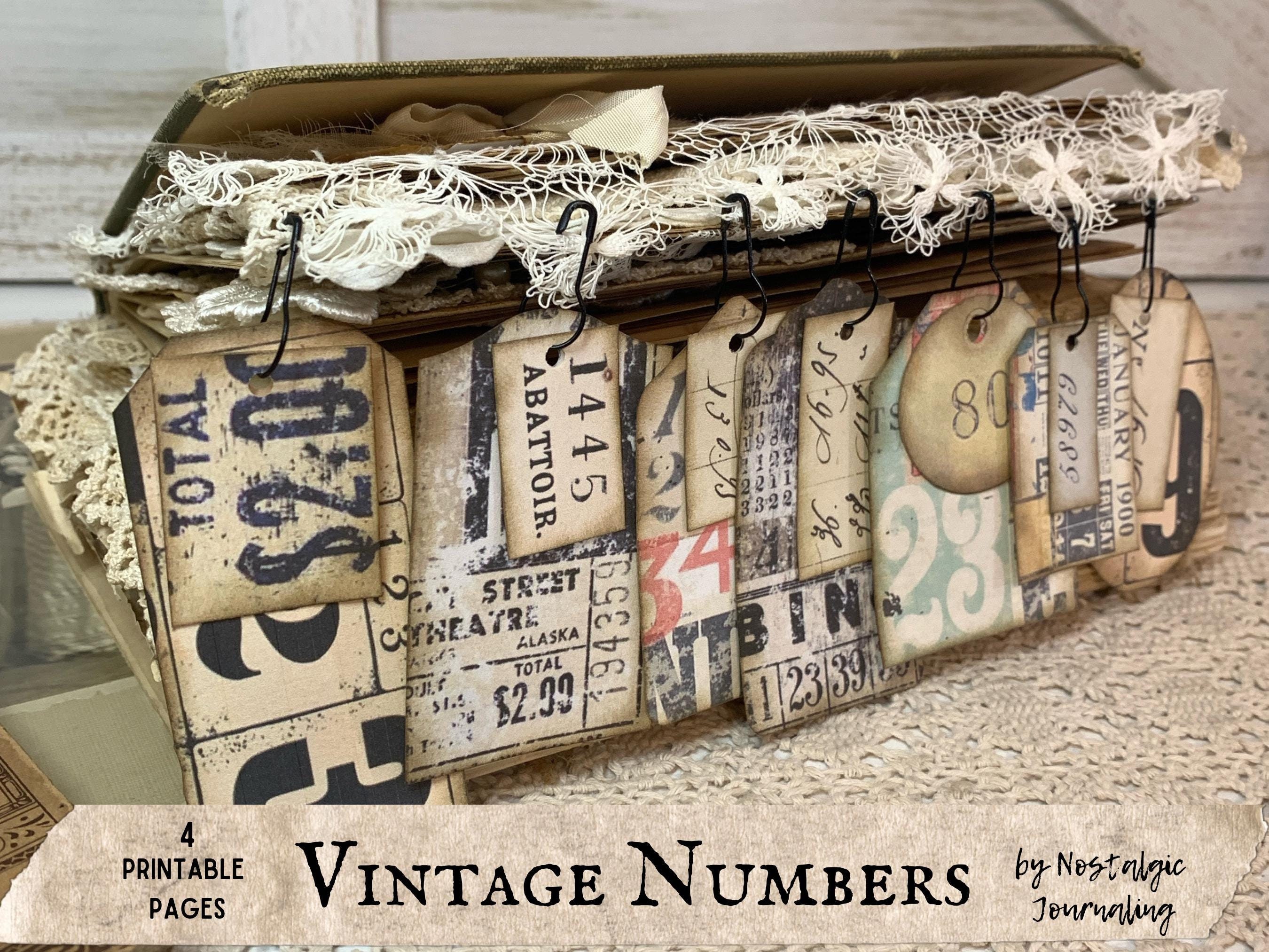 VINTAGE NUMBERS Digital Ephemera Junk Journal Download, Printable Antique Numbers Kit, Bingo Card, Playing Card, Signs, Receipts, Old Tags