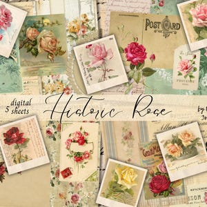 HISTORIC ROSE デジタルダウンロード、フレンチローズのエフェメラペーパーコレクション、ジャンクジャーナル用の花の印刷、アンティークローズ画像、デジタルキット