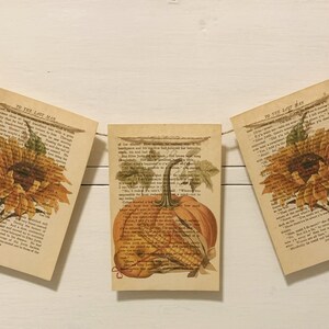 May include: A garland of vintage book pages with autumn-themed illustrations. The banner features images of sunflowers and a pumpkin, printed on aged paper. The garland is strung on a thin twine, perfect for fall decor.