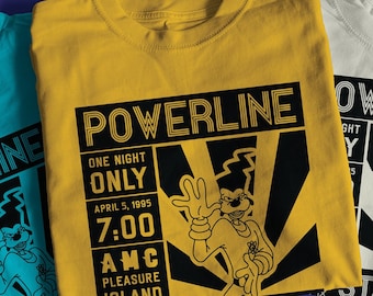 May include: Four t-shirts with a cartoon character and the text "Powerline" and "One Night Only" on the front. The shirts are in different colors: yellow, white, light blue, and green.