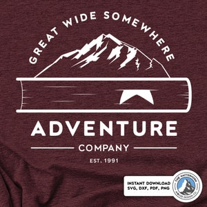 May include: White graphic design on a maroon background with a mountain range, a book, and the text "Great Wide Somewhere Adventure Company Est. 1991".