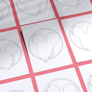 May include: A set of eight printable coloring pages featuring a simple outline of a balloon shaped like a Mickey Mouse head.