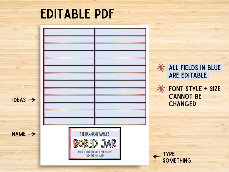 Pode incluir: PDF edit&aacute;vel imprim&iacute;vel com uma grade azul e branca para listar ideias e nomes. A parte inferior da p&aacute;gina tem uma caixa colorida com o texto "The Hammann Family's Bored Jar" e o texto "Whenever you get bored, pick a paper from the Bored Jar".