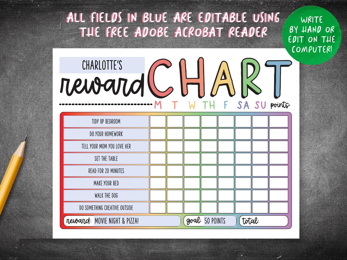 Reward Chart Printable Editable Weekly Kids Chore and Reward | Etsy
