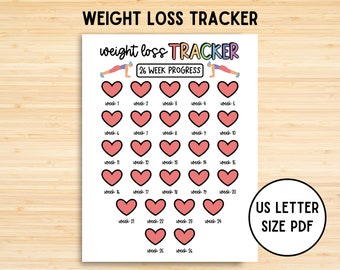 May include: A printable weight loss tracker with 26 pink hearts in a grid, each heart representing a week. The text "weight loss TRACKER" is at the top of the page, with the text "26 WEEK PROGRESS" below it. The text "US LETTER SIZE PDF" is in the bottom right corner.