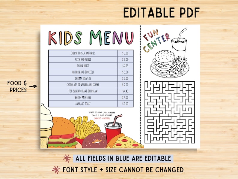 Editable Kids Menu Design, Template Design, Menus, Kids Activity Menu ...