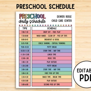 幼稚園のデイケアの毎日のスケジュール、印刷可能な育児、子供の毎日のスケジュール テンプレート、ホームスクールの教室の毎日のルーチン、編集可能な PDF